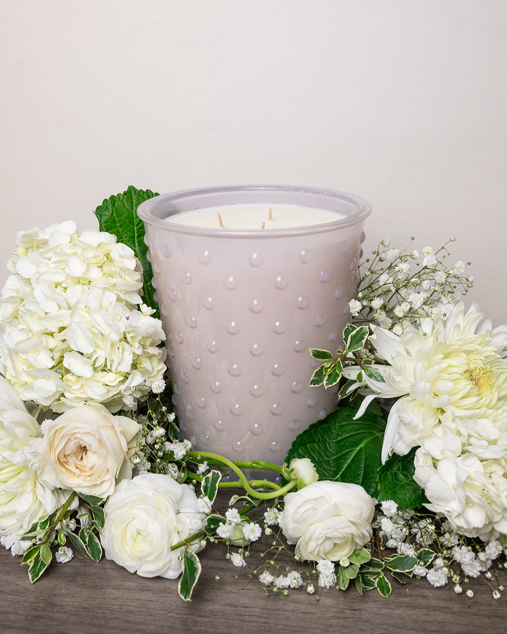 Grande White Flower Hobnail Glass Candle