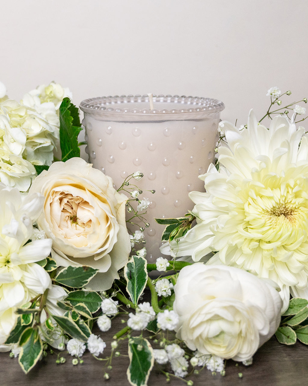 No. 42 White Flower Hobnail Glass Candle