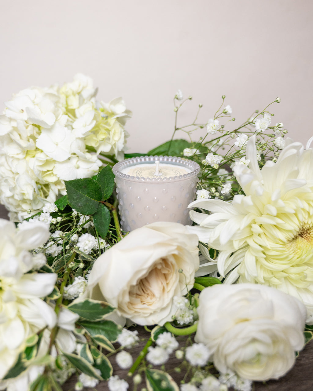White Flower Votive Hobnail Glass Candle