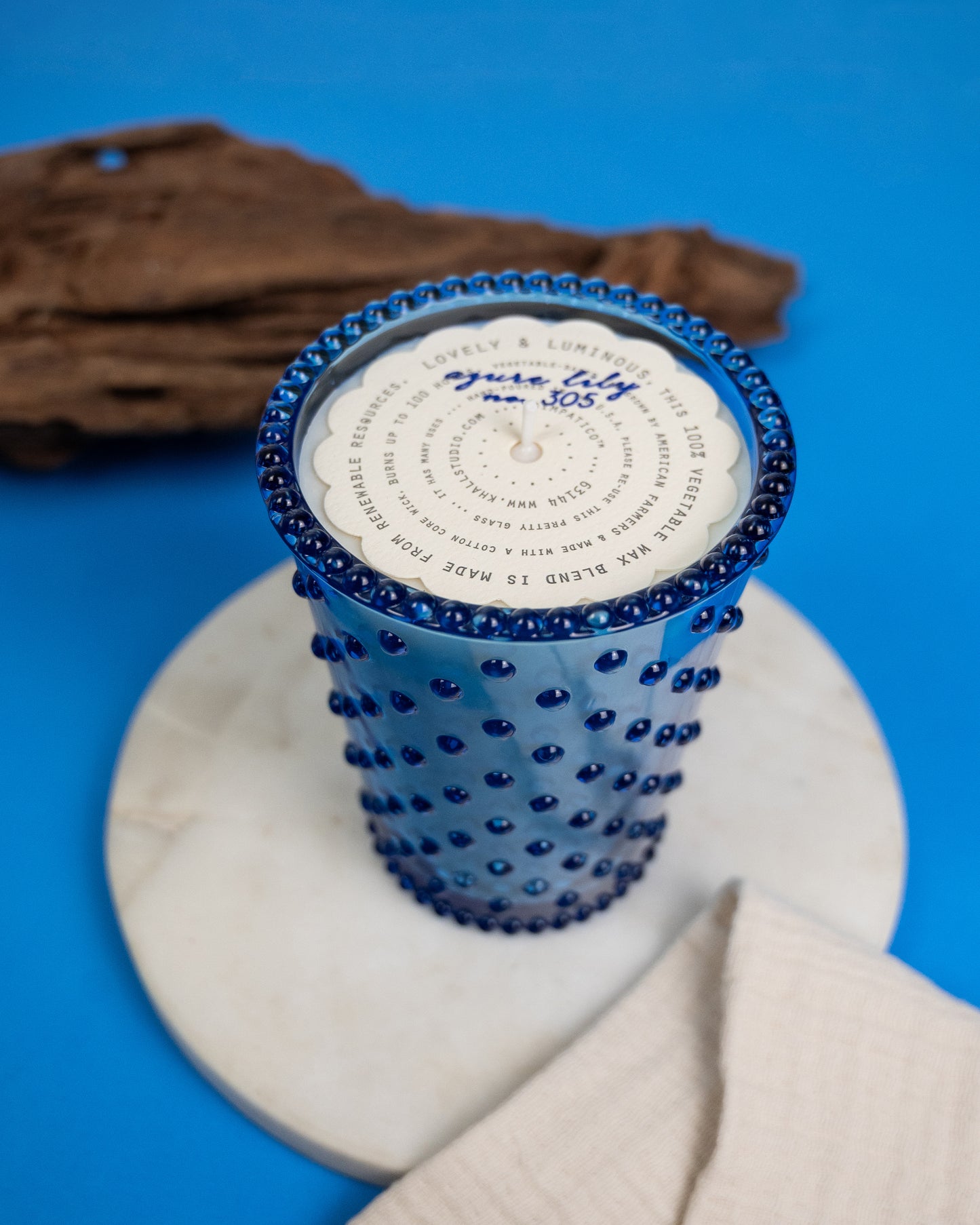 No. 305 Azure Lily Hobnail Glass Candle