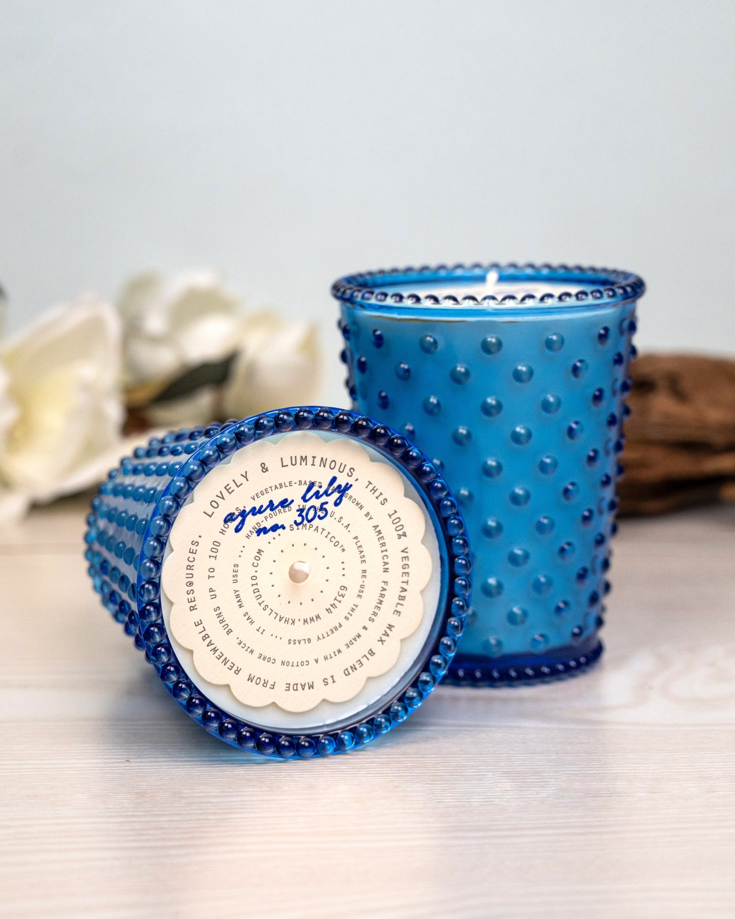 No. 305 Azure Lily Hobnail Glass Candle